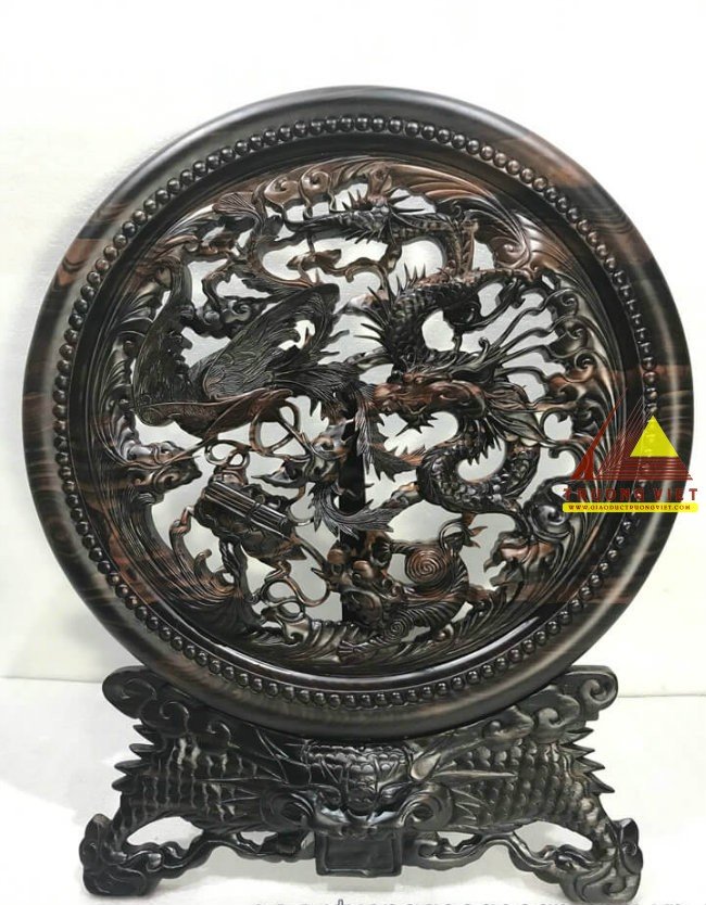 Đĩa Tứ Linh gỗ mun hoa